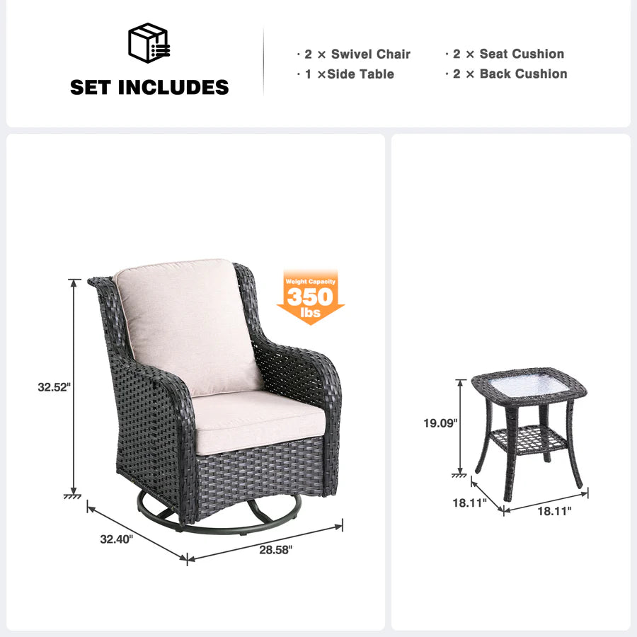 Patio Furniture Set 3-Piece with Swivel Chairs and Side Table Kenard