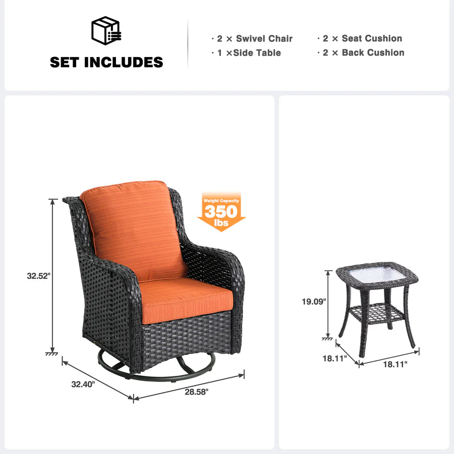 Patio Furniture Set 3-Piece with Swivel Chairs and Side Table Kenard