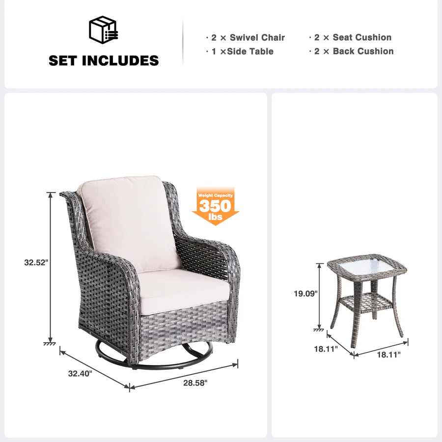 Patio Furniture Set 3-Piece with Swivel Chairs and Side Table Kenard