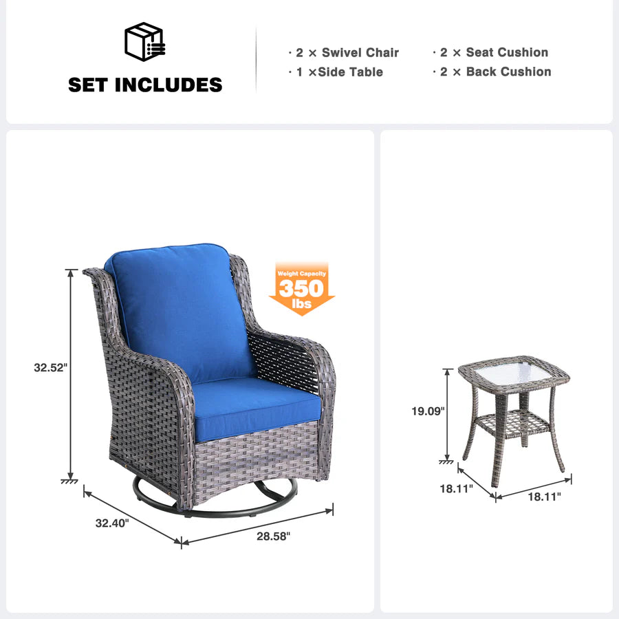 Patio Furniture Set 3-Piece with Swivel Chairs and Side Table Kenard