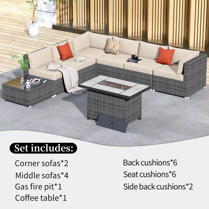 Patio Furniture Set 8-Piece with All Weather Rattan Wicker Sofa and 42.12'' Fire Pit