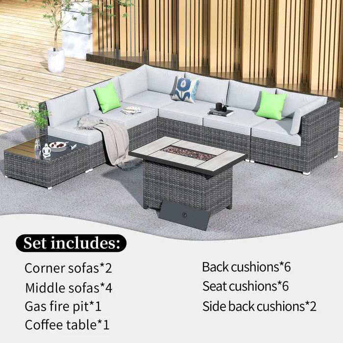 Patio Furniture Set 8-Piece with All Weather Rattan Wicker Sofa and 42.12'' Fire Pit