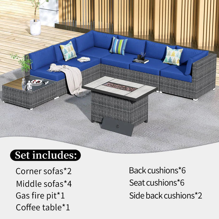 Patio Furniture Set 8-Piece with All Weather Rattan Wicker Sofa and 42.12'' Fire Pit