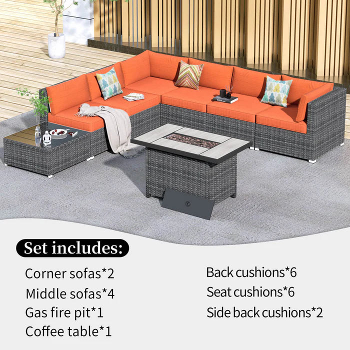 Patio Furniture Set 8-Piece with All Weather Rattan Wicker Sofa and 42.12'' Fire Pit