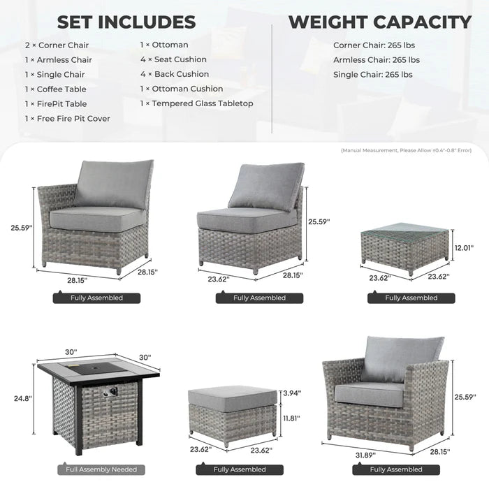 Patio Furniture Set New Rimaru 7-Piece Set include 30'' Square Fire Pit Table Partially Assembled