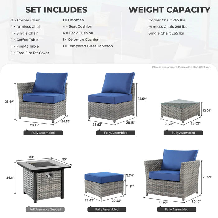 Patio Furniture Set New Rimaru 7-Piece Set include 30'' Square Fire Pit Table Partially Assembled