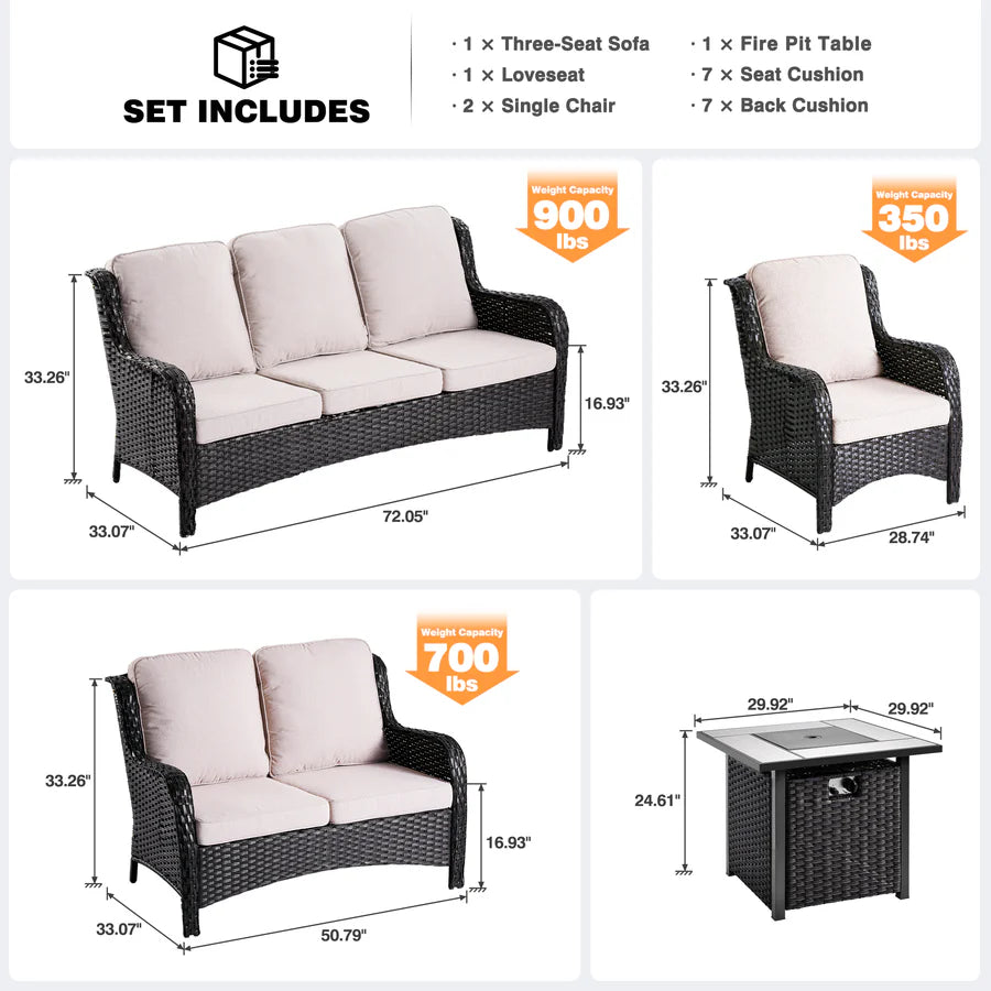 Patio Kenard 5-Piece Conversation Set with 30'' Fire Pit Table and Loveseat