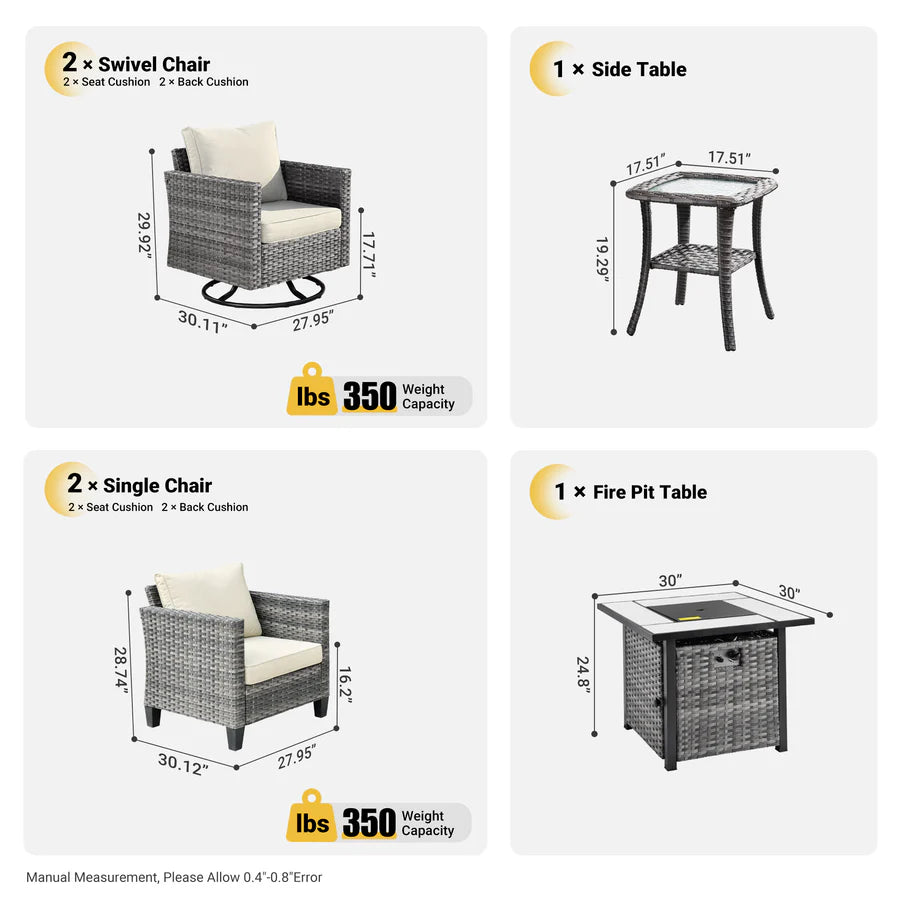 Patio Vultros 6-Piece Conversation Set, 2 Swivel Chairs 2 Chairs with 30'' Propane Fire Pit Table