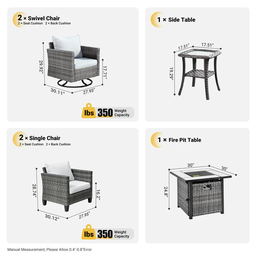 Patio Vultros 6-Piece Conversation Set, 2 Swivel Chairs 2 Chairs with 30'' Propane Fire Pit Table