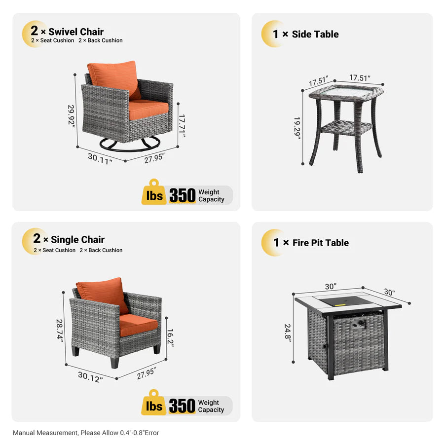 Patio Vultros 6-Piece Conversation Set, 2 Swivel Chairs 2 Chairs with 30'' Propane Fire Pit Table