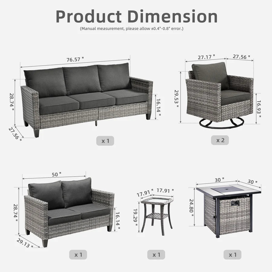Patio Vultros 6-Piece Set With Swivel Chair Lover seat and 30'' Propane Fire Pit Table