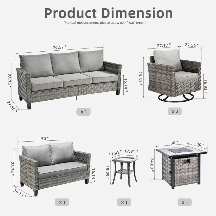 Patio Vultros 6-Piece Set With Swivel Chair Lover seat and 30'' Propane Fire Pit Table