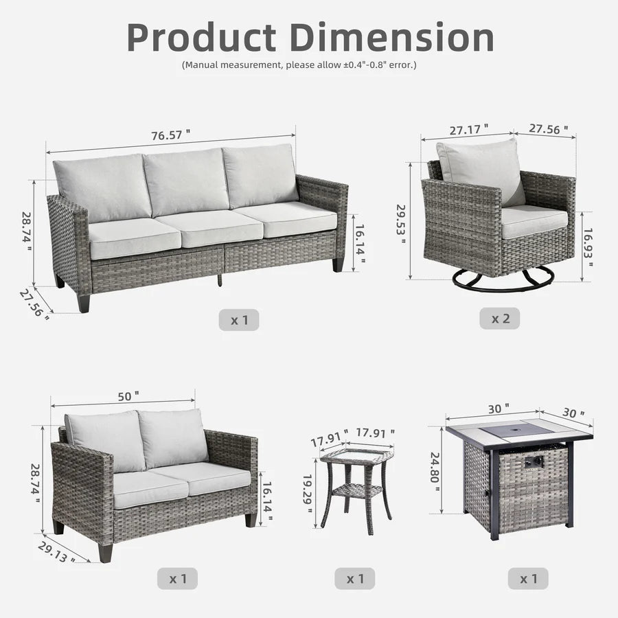 Patio Vultros 6-Piece Set With Swivel Chair Lover seat and 30'' Propane Fire Pit Table