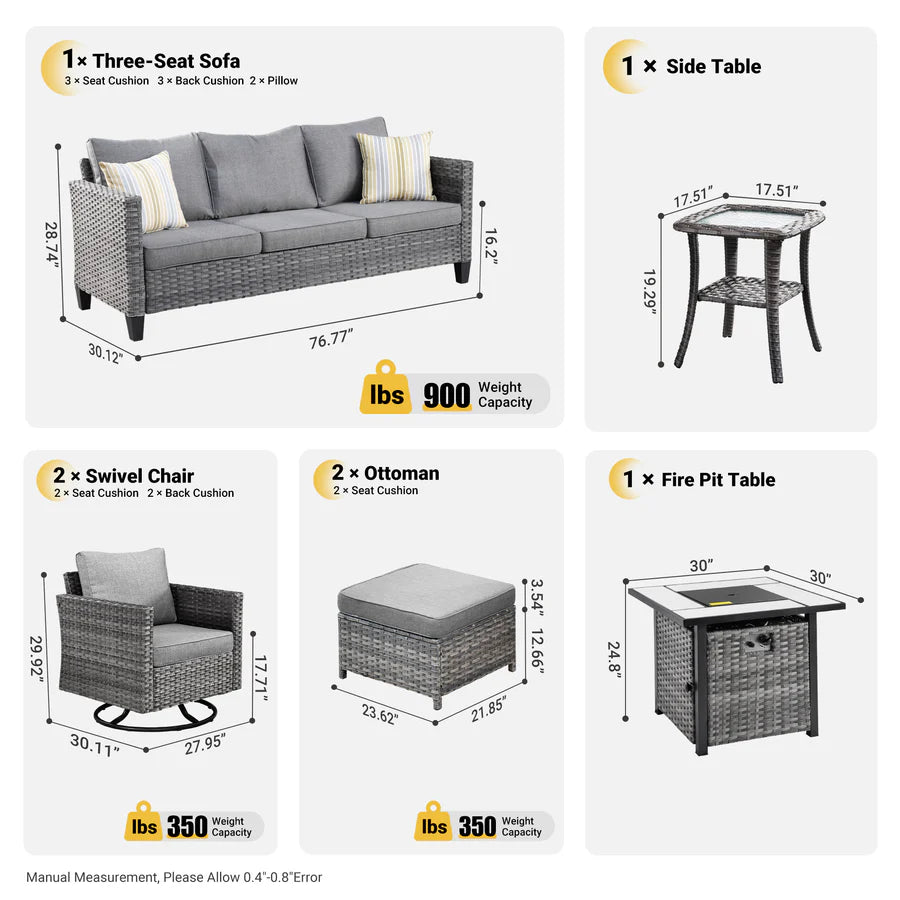 Patio Vultros 7-Piece Set With Swivel Chair and Rectangle 42'' Propane Fire Pit Table