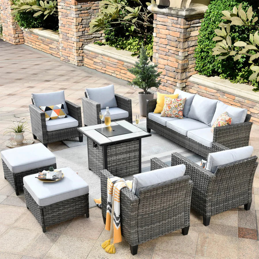 Patio Vultros 8-Piece Conversation Set with 30'' Propane Fire Pit Table