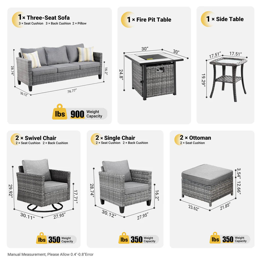 Patio Vultros 9-Piece Set with 2 Swivel Chairs and 30'' Propane Fire Pit Table