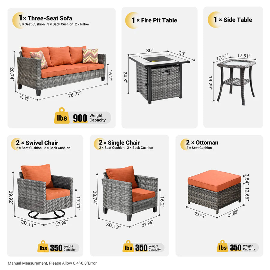 Patio Vultros 9-Piece Set with 2 Swivel Chairs and 30'' Propane Fire Pit Table