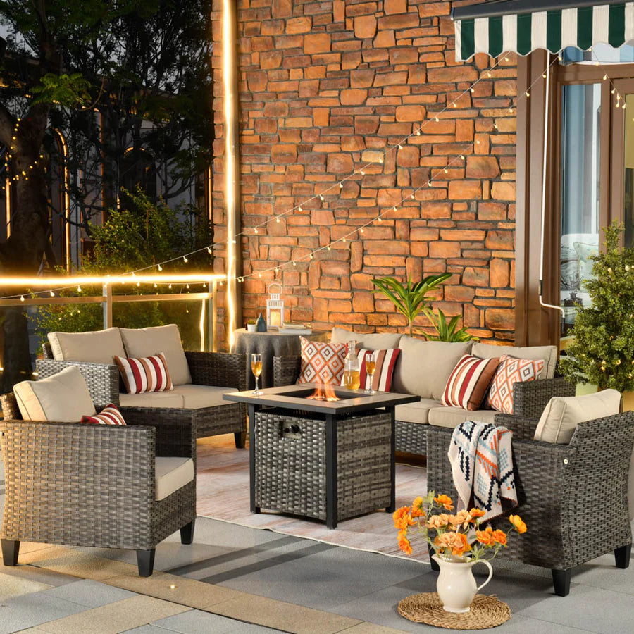 Patio Vultros Furniture Set 7-Person Seating with 30'' Propane Fire Pit Table