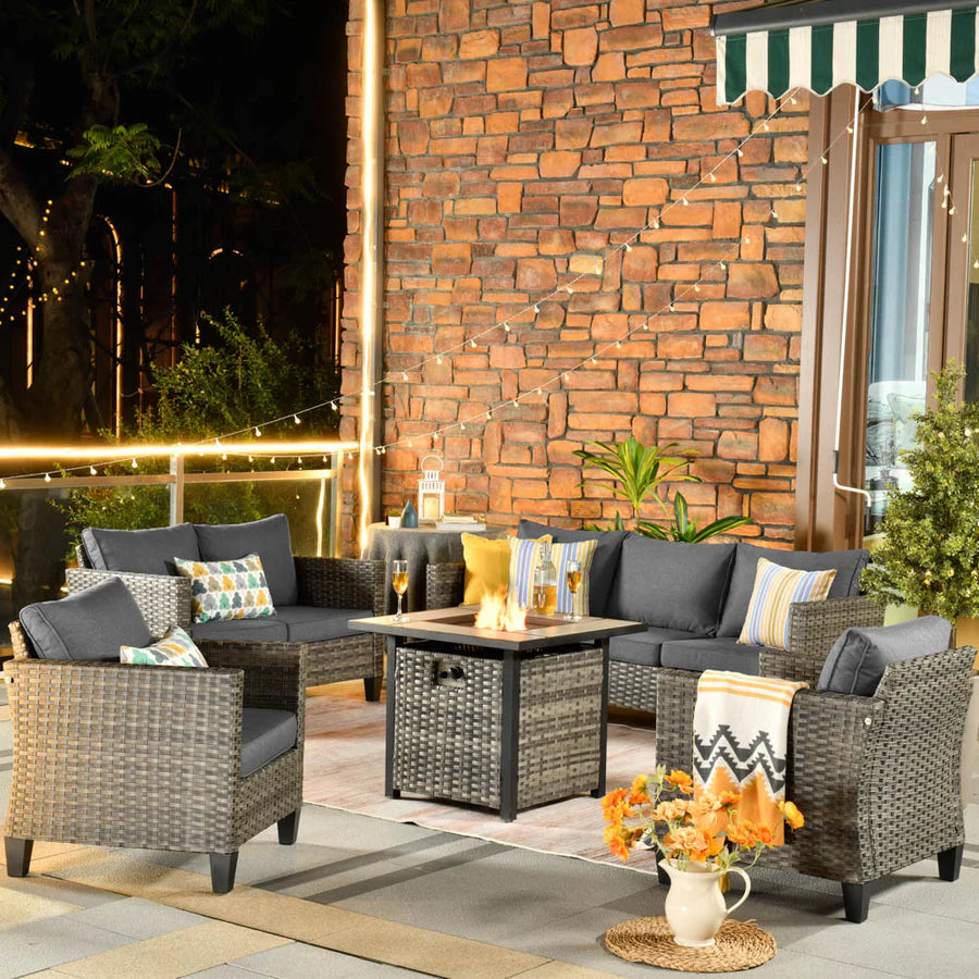 Patio Vultros Furniture Set 7-Person Seating with 30'' Propane Fire Pit Table