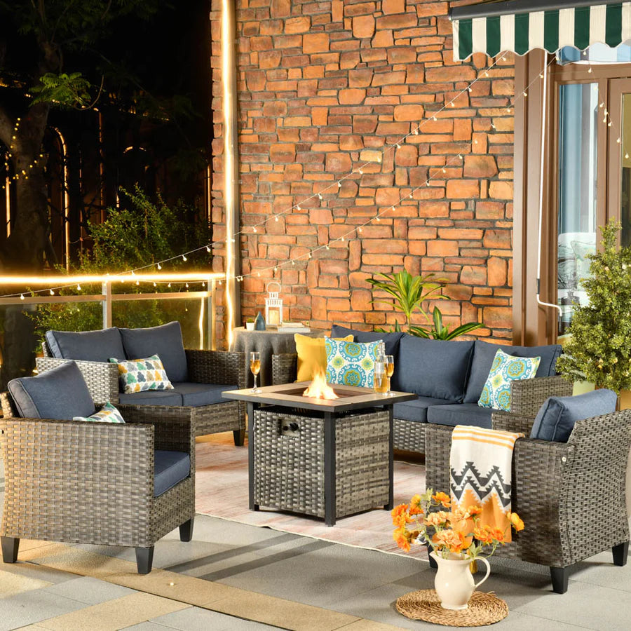 Patio Vultros Furniture Set 7-Person Seating with 30'' Propane Fire Pit Table
