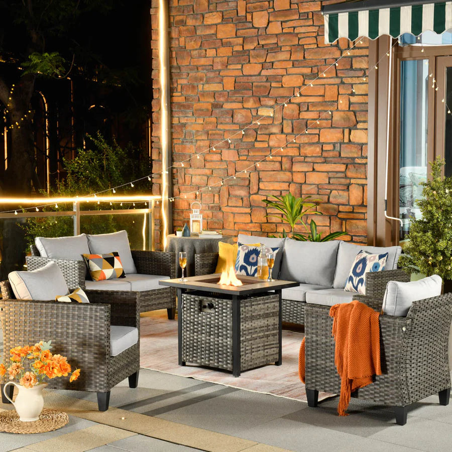 Patio Vultros Furniture Set 7-Person Seating with 30'' Propane Fire Pit Table