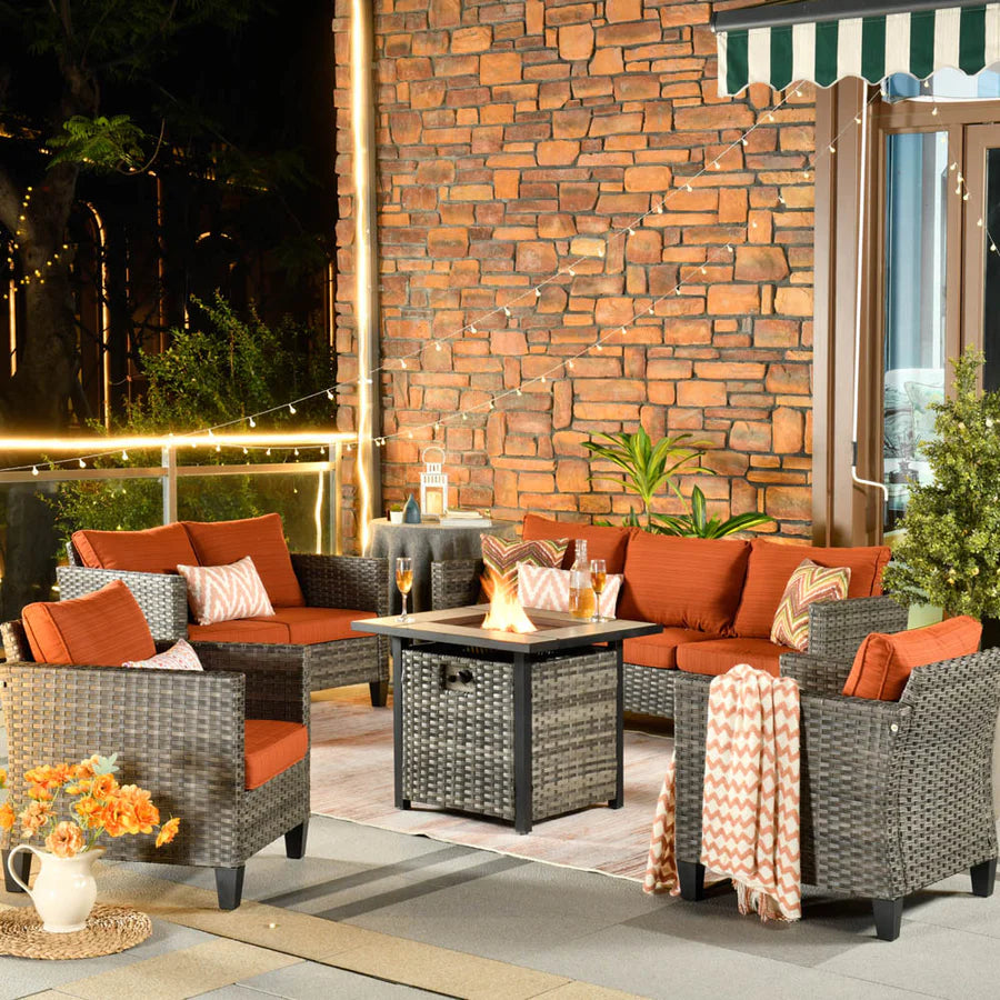 Patio Vultros Furniture Set 7-Person Seating with 30'' Propane Fire Pit Table