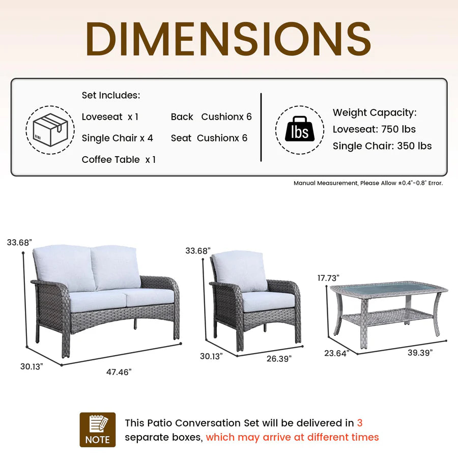 6-Piece Wicker Patio Furniture Set, All-Weather Rattan Conversation Bistro Loveseat Chair and Table Set for Backyard