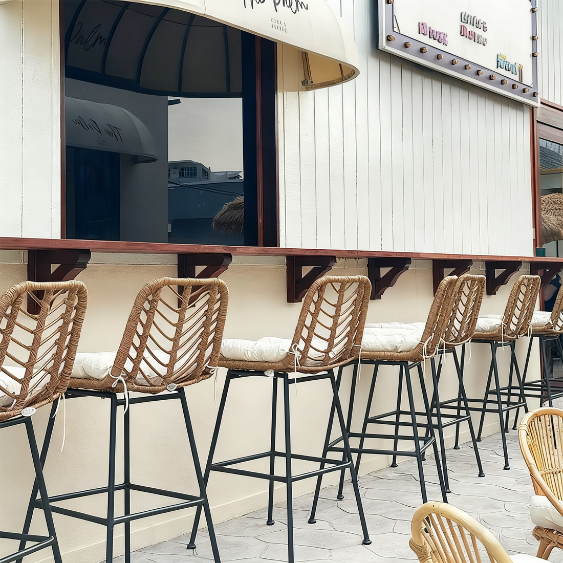 Outdoor bar counter chair, open-air leisure rattan high-leg stool, iron art bar chair, household restaurant patio waterproof dining chair