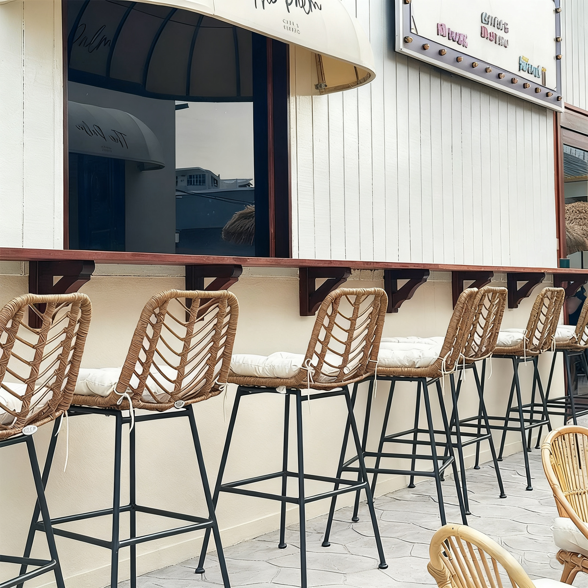 Outdoor bar counter chair, open-air leisure rattan high-leg stool, iron art bar chair, household restaurant patio waterproof dining chair