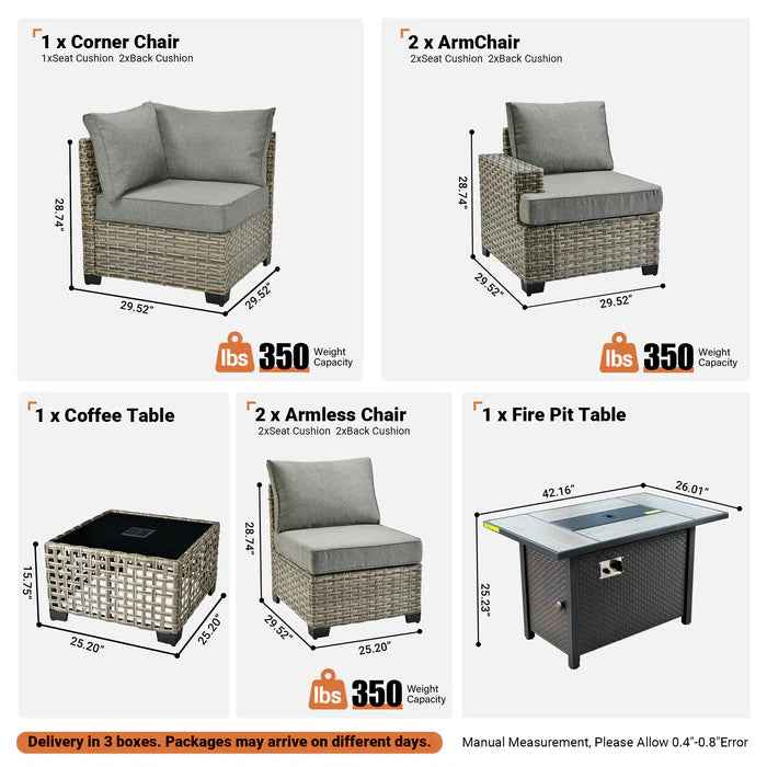 TBS Series - Sectional Patio Furniture Set 7-Piece include Fire Pit Table
