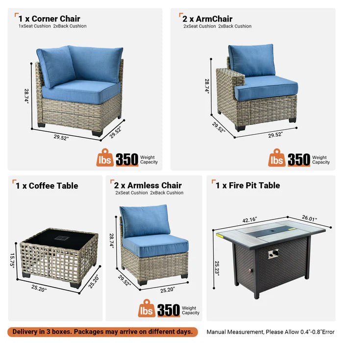 TBS Series - Sectional Patio Furniture Set 7-Piece include Fire Pit Table
