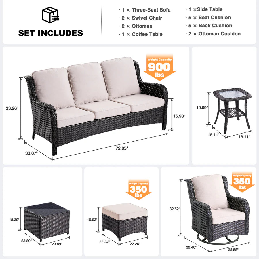 Patio Conversation Set 7-Piece with Swivel Chairs and Table Kenard
