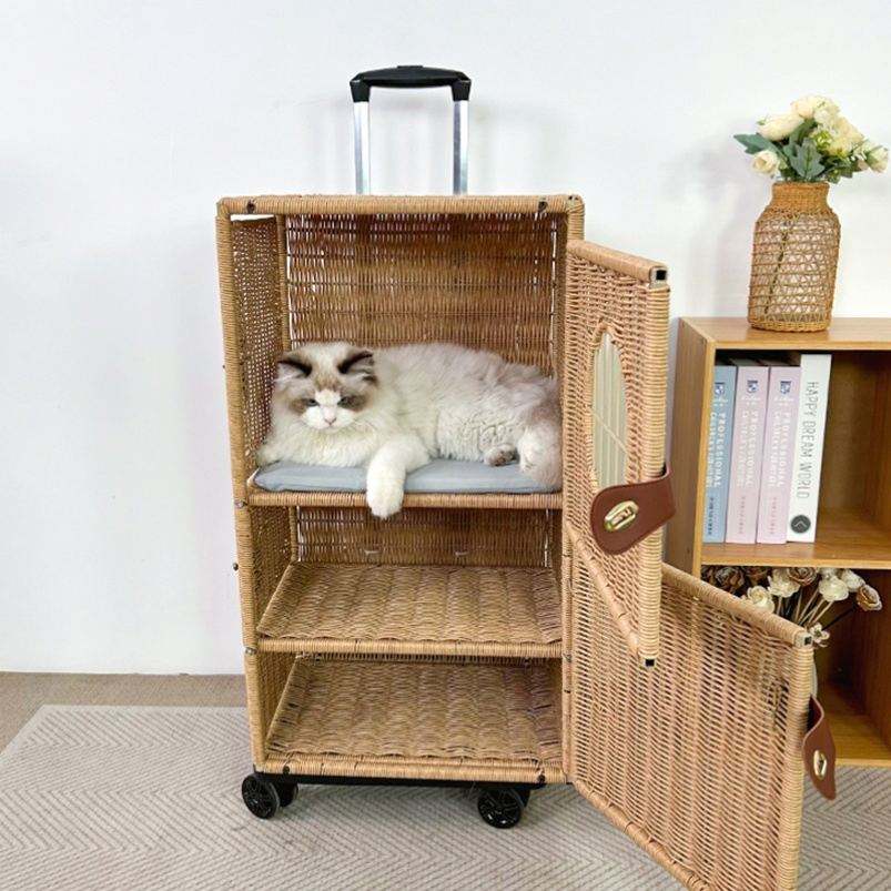 Rattan Plaited Travel Knit Hard Cat Carrier Luggage with Mat and Telescopic Handle Cat Carrier Suitcase with Wheels for Pet