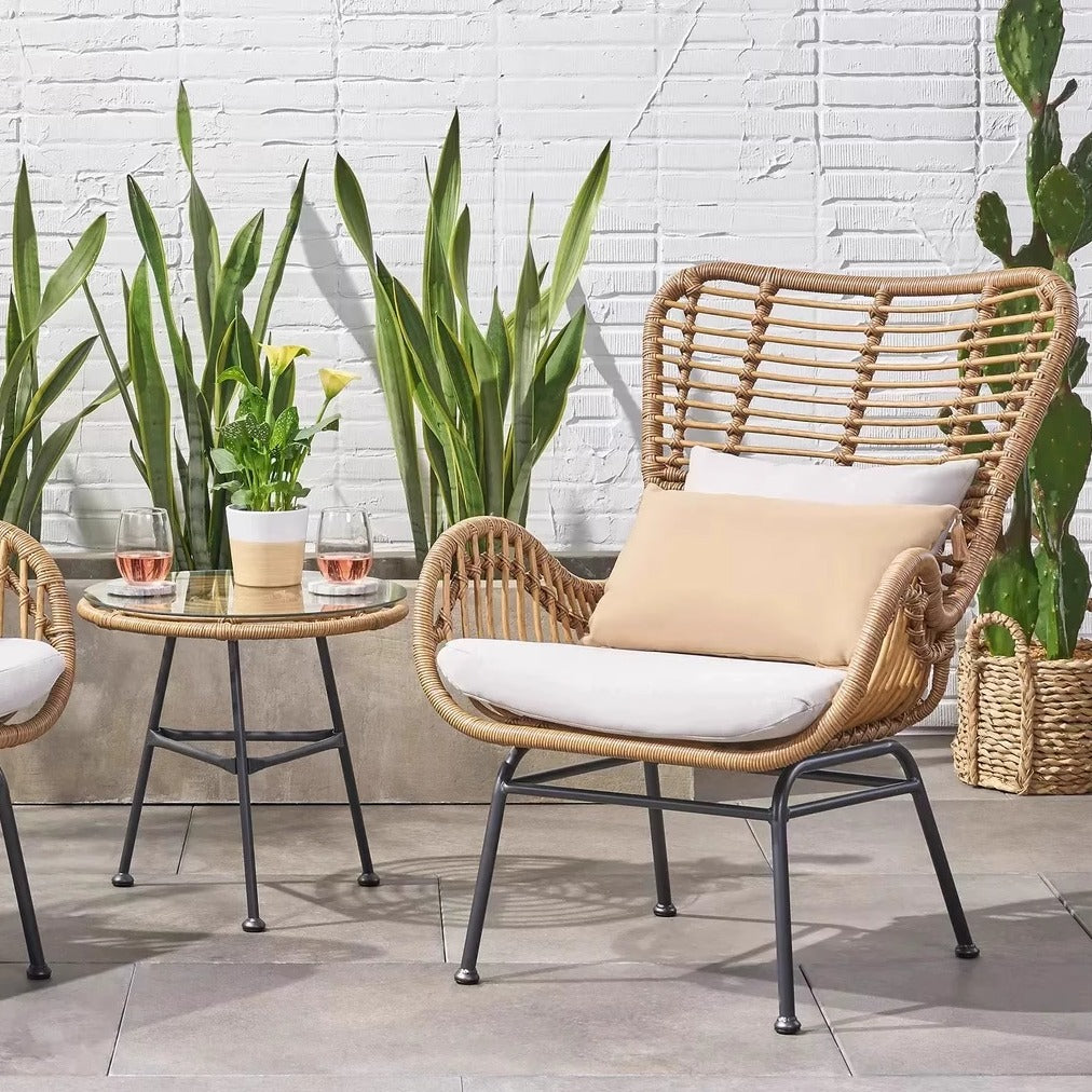 Luxury-inspired Balcony Furniture Set: Three-Piece Rattan Lounge Chair & Coffee Table Creative Outdoor Garden Set with Recliner