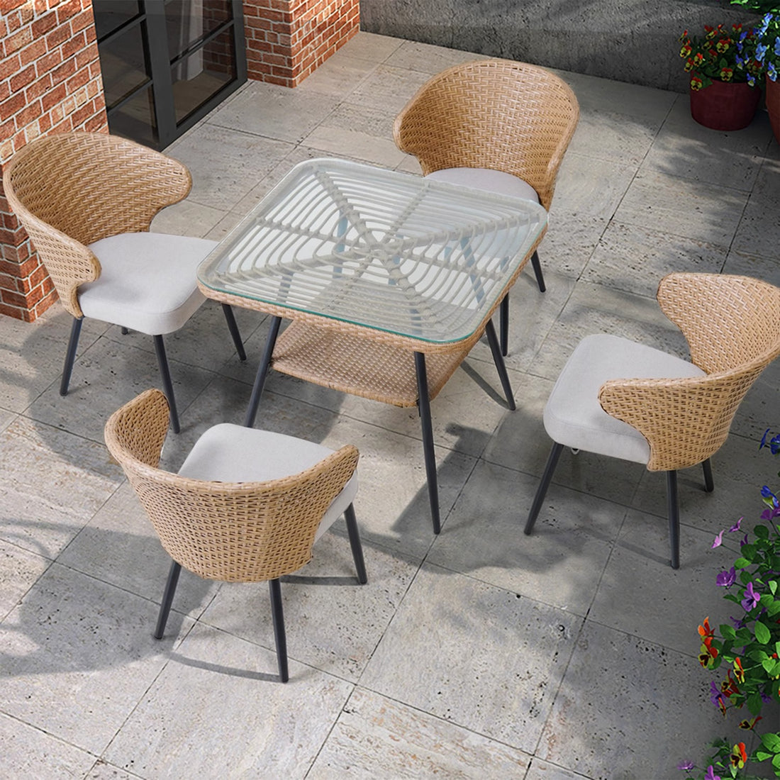 Outdoor Furniture Set for Courtyard Villas: Rattan Chairs with Soft Cushions for Relaxing on Open-Air Balconies Trendy Waterproof and UV-Resistant Outdoor Table and Chair Combination