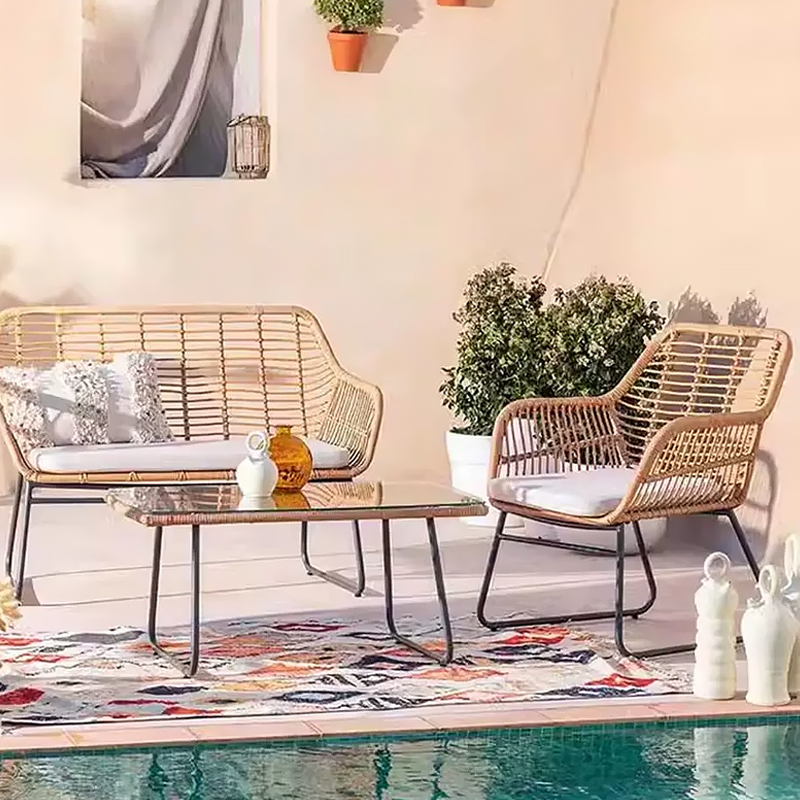 Outdoor rattan chair set of three leisure balcony patio outdoor rattan sofa coffee table set modern creative waterproof sunscreen