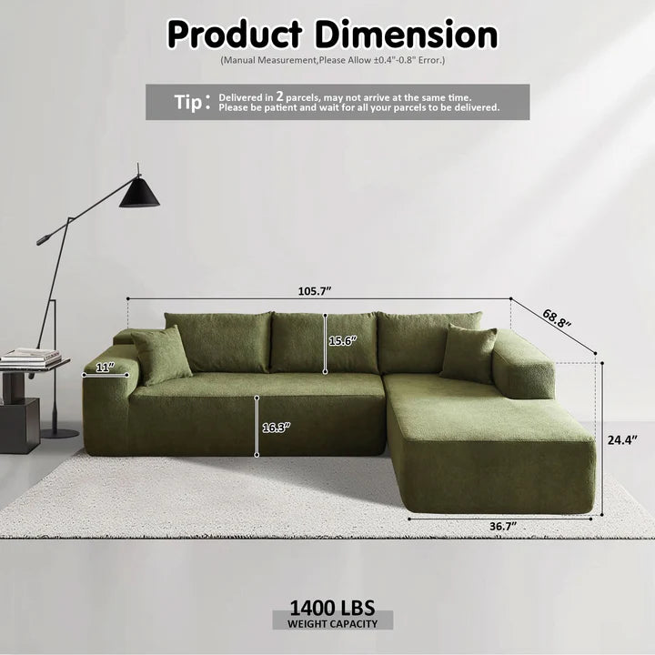 104" L-Shape Modular Couch with Chaise, Plush Corduroy Fabric, No Assembly Required