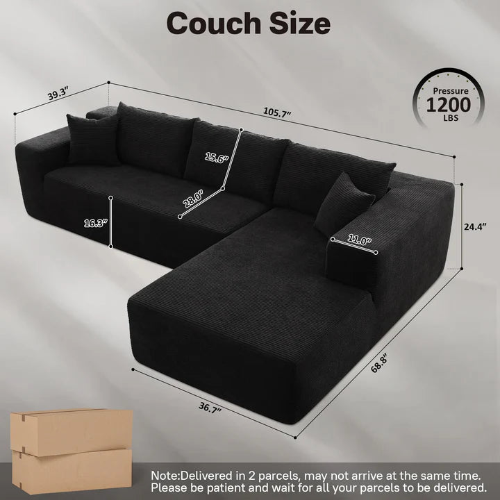 104" L-Shape Modular Couch with Chaise, Plush Corduroy Fabric, No Assembly Required
