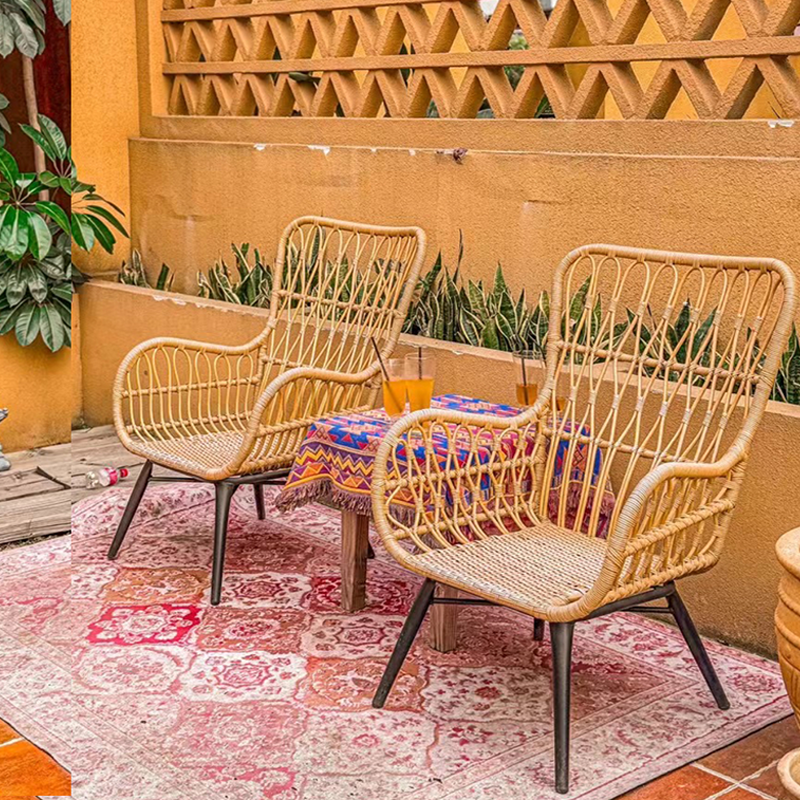 Outdoor Balcony Table and Chair Set Three-Piece Garden Lounge Set Recliner Chair with Small Backrest Nordic-Style Handcrafted Rattan Chair