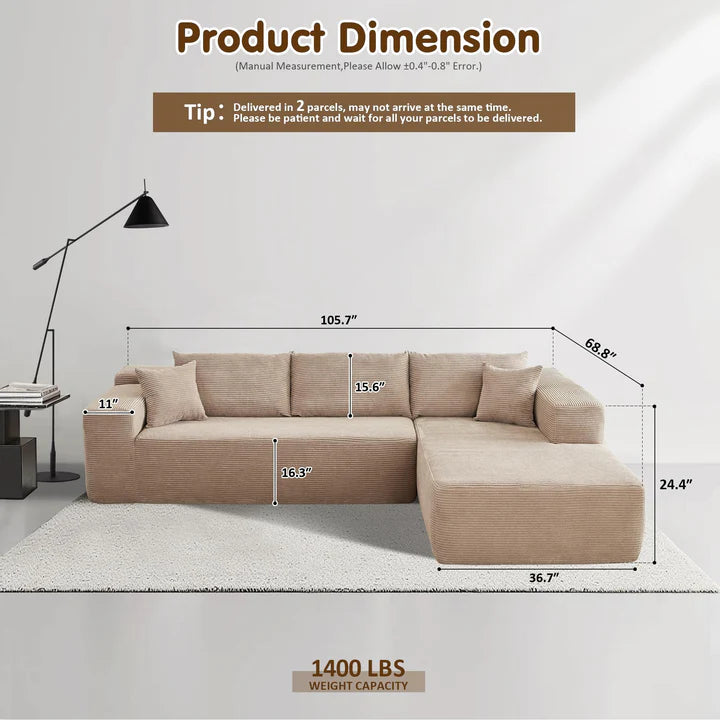 104" L-Shape Modular Couch with Chaise, Plush Corduroy Fabric, No Assembly Required