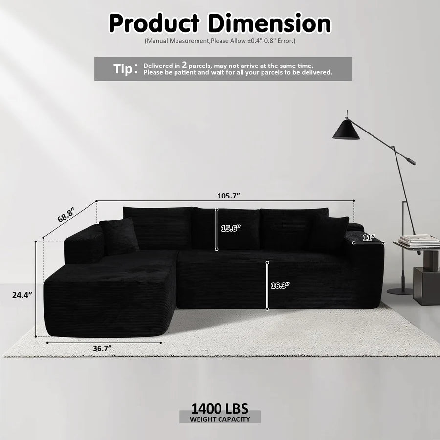 104" L-Shape Modular Couch with Chaise,Corduroy Fabric,No Assembly Required