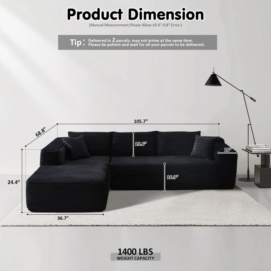 104" L-Shape Modular Couch with Chaise, Plush Corduroy Fabric, No Assembly Required