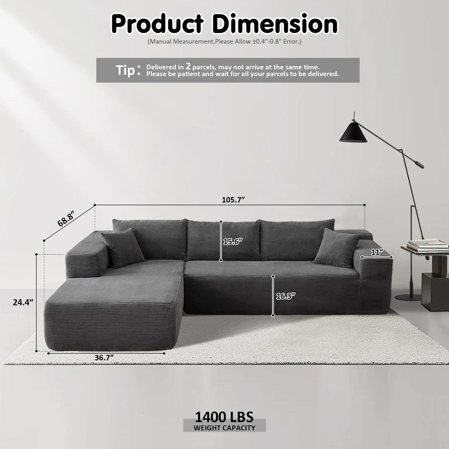 104" L-Shape Modular Couch with Chaise,Corduroy Fabric,No Assembly Required