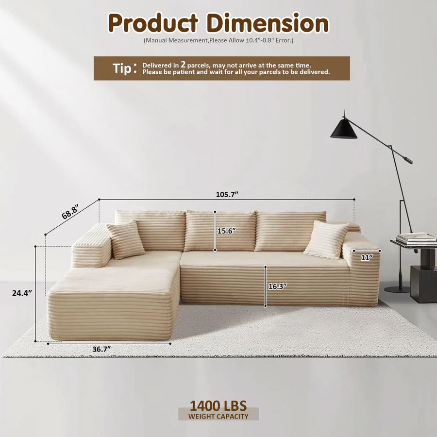 104" L-Shape Modular Couch with Chaise, Plush Corduroy Fabric, No Assembly Required