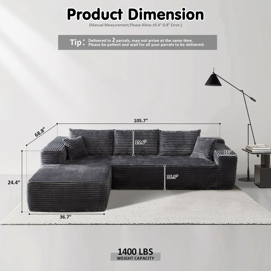 104" L-Shape Modular Couch with Chaise, Plush Corduroy Fabric, No Assembly Required