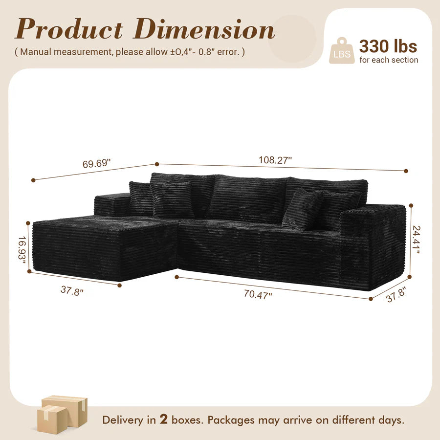 104" L-Shape Modular Couch with Chaise, Plush Corduroy Fabric, No Assembly Required