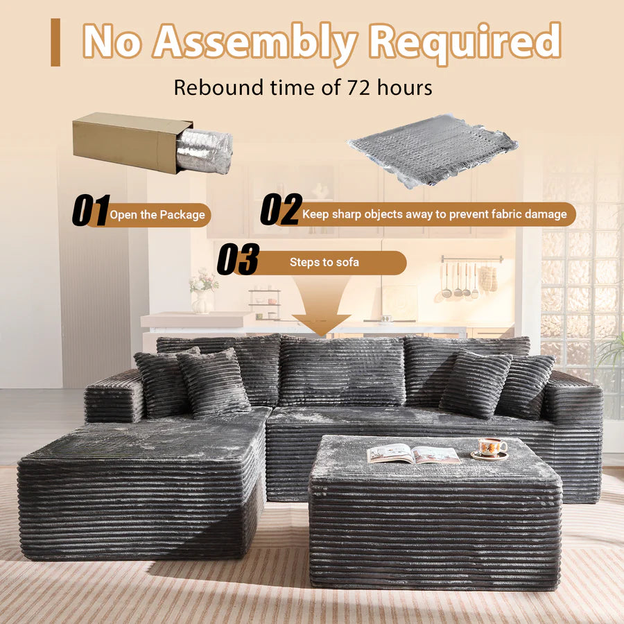 108" U-Shape Modular Couch with Ottoman, Plush Corduroy Fabric, No Assembly Required