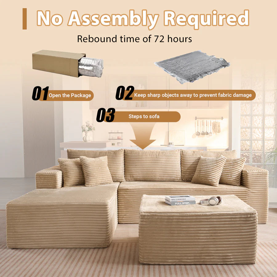 108" U-Shape Modular Couch with Ottoman, Plush Corduroy Fabric, No Assembly Required