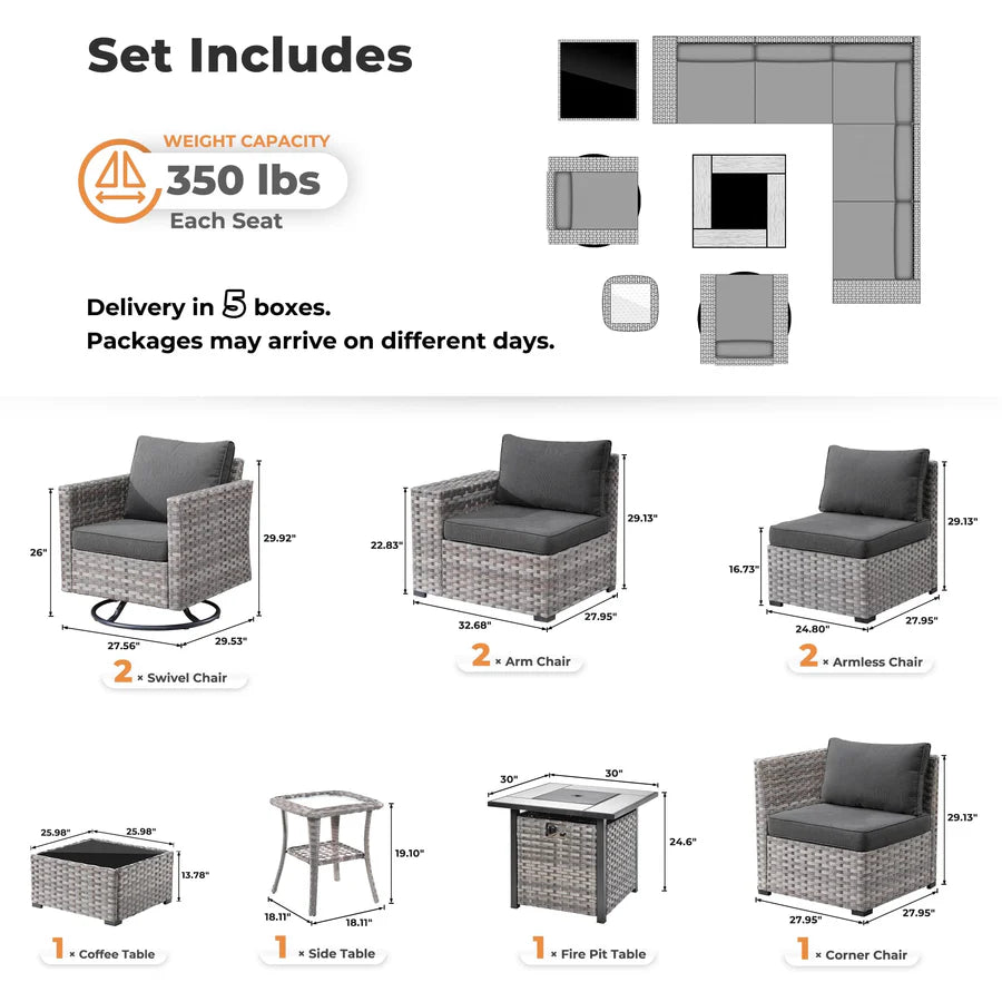 10 Pieces Patio Furniture with 7.68'' Handrails and 30'' Fire Pit Table Rocking Chair