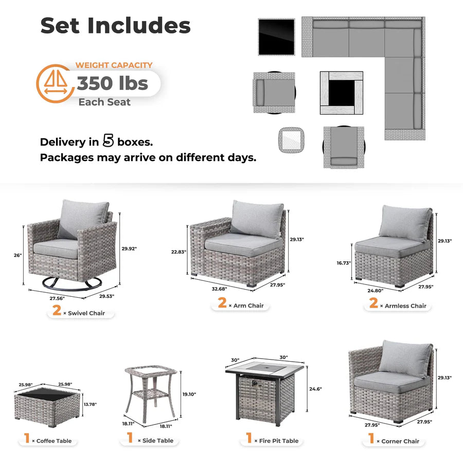 10 Pieces Patio Furniture with 7.68'' Handrails and 30'' Fire Pit Table Rocking Chair